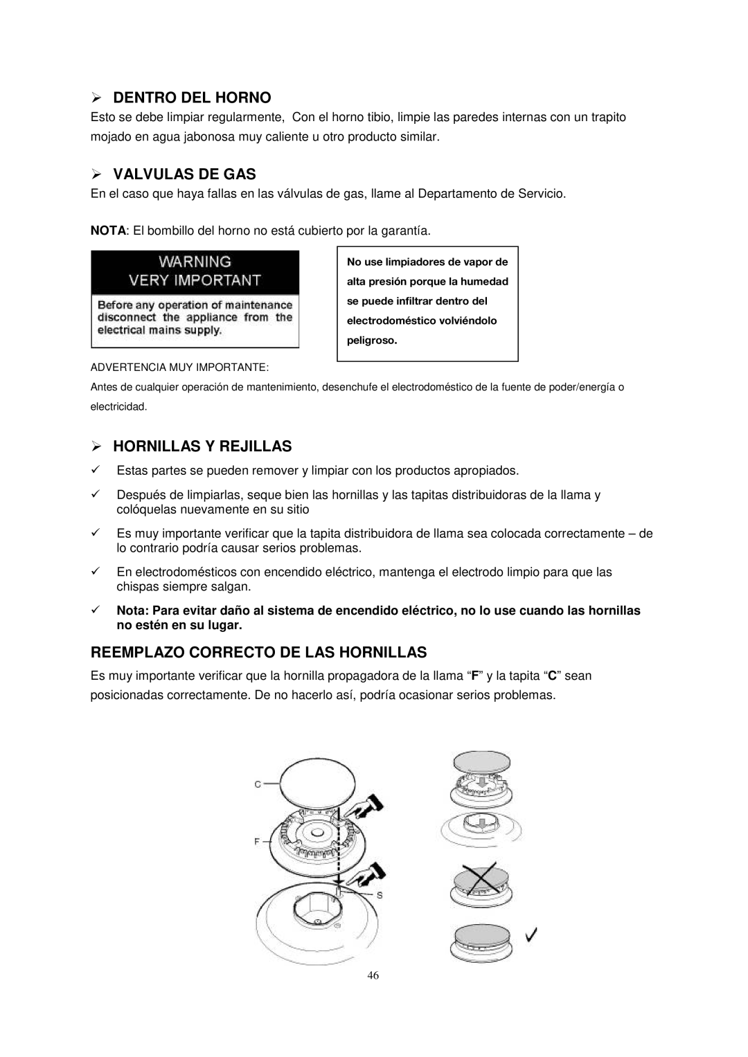 Avanti DG2450SS-1  Dentro DEL Horno,  Valvulas DE GAS,  Hornillas Y Rejillas, Reemplazo Correcto DE LAS Hornillas 