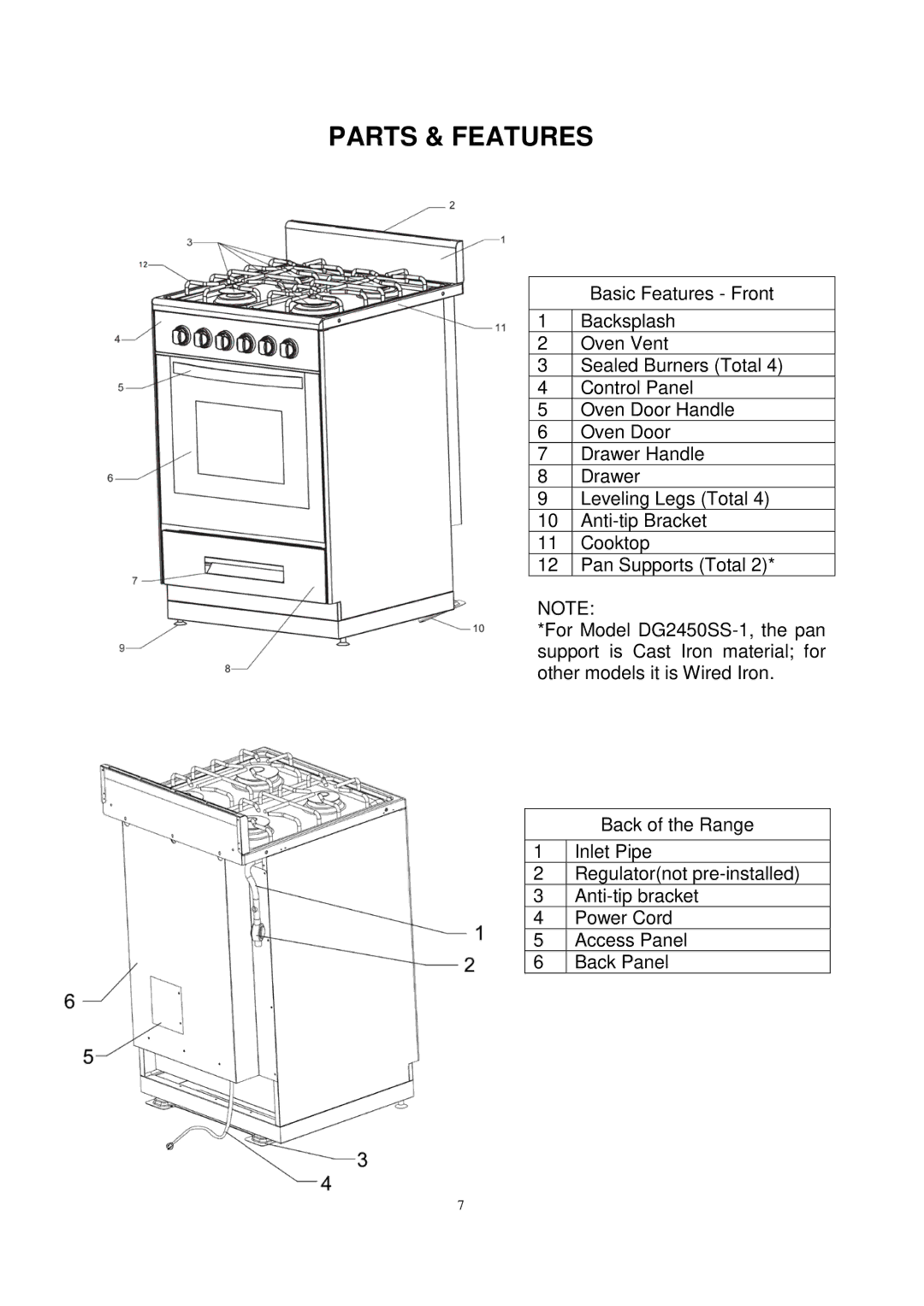 Avanti DG2451W, DG2452B, DG2450SS-1 instruction manual Parts & Features 