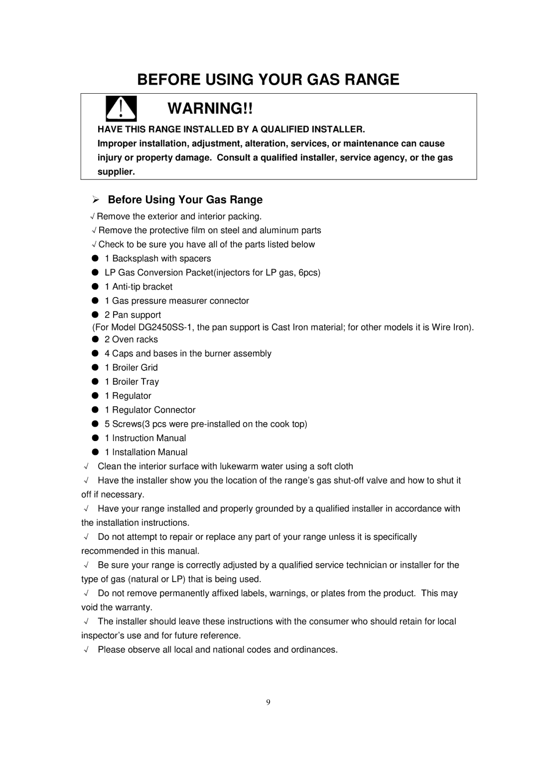 Avanti DG2452B, DG2451W, DG2450SS-1 Before Using Your GAS Range, Have this Range Installed by a Qualified Installer 