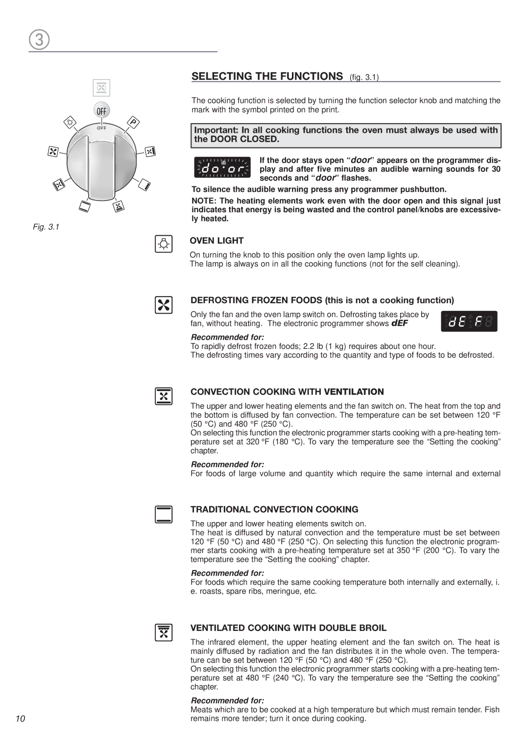 Avanti DGE 2403 SC warranty Selecting the Functions fig, Oven Light, Convection Cooking with Ventilation 