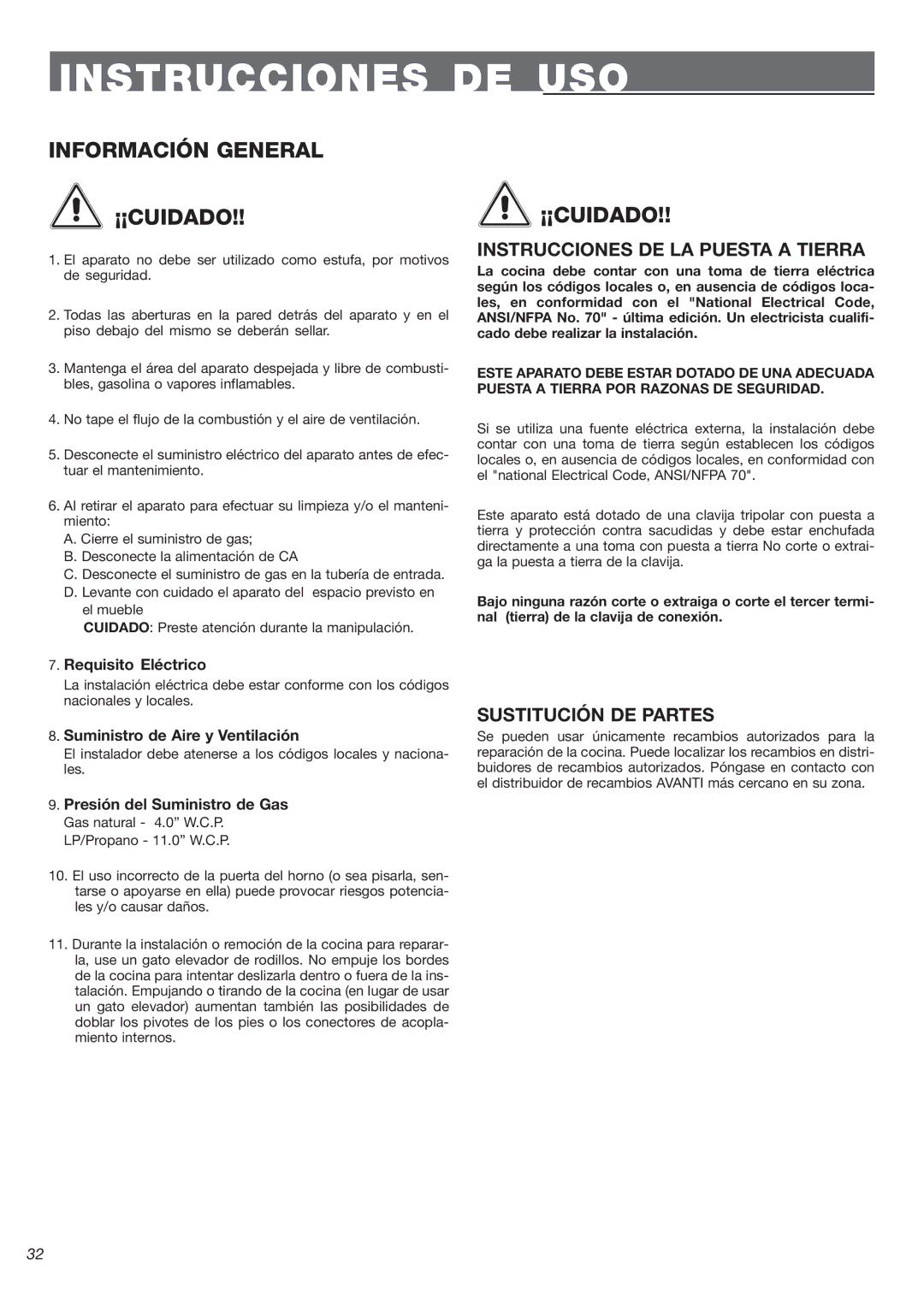 Avanti DGE 2403 SC warranty Instrucciones DE LA Puesta a Tierra, Sustitución DE Partes 