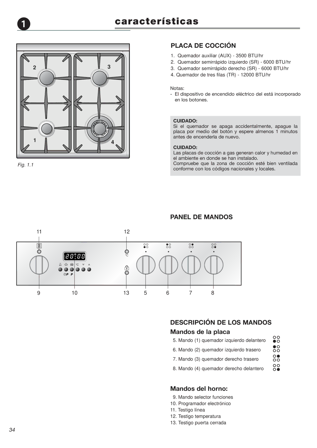 Avanti DGE 2403 SC Características, Placa DE Cocción, Panel DE Mandos Descripción DE LOS Mandos, Mandos de la placa 