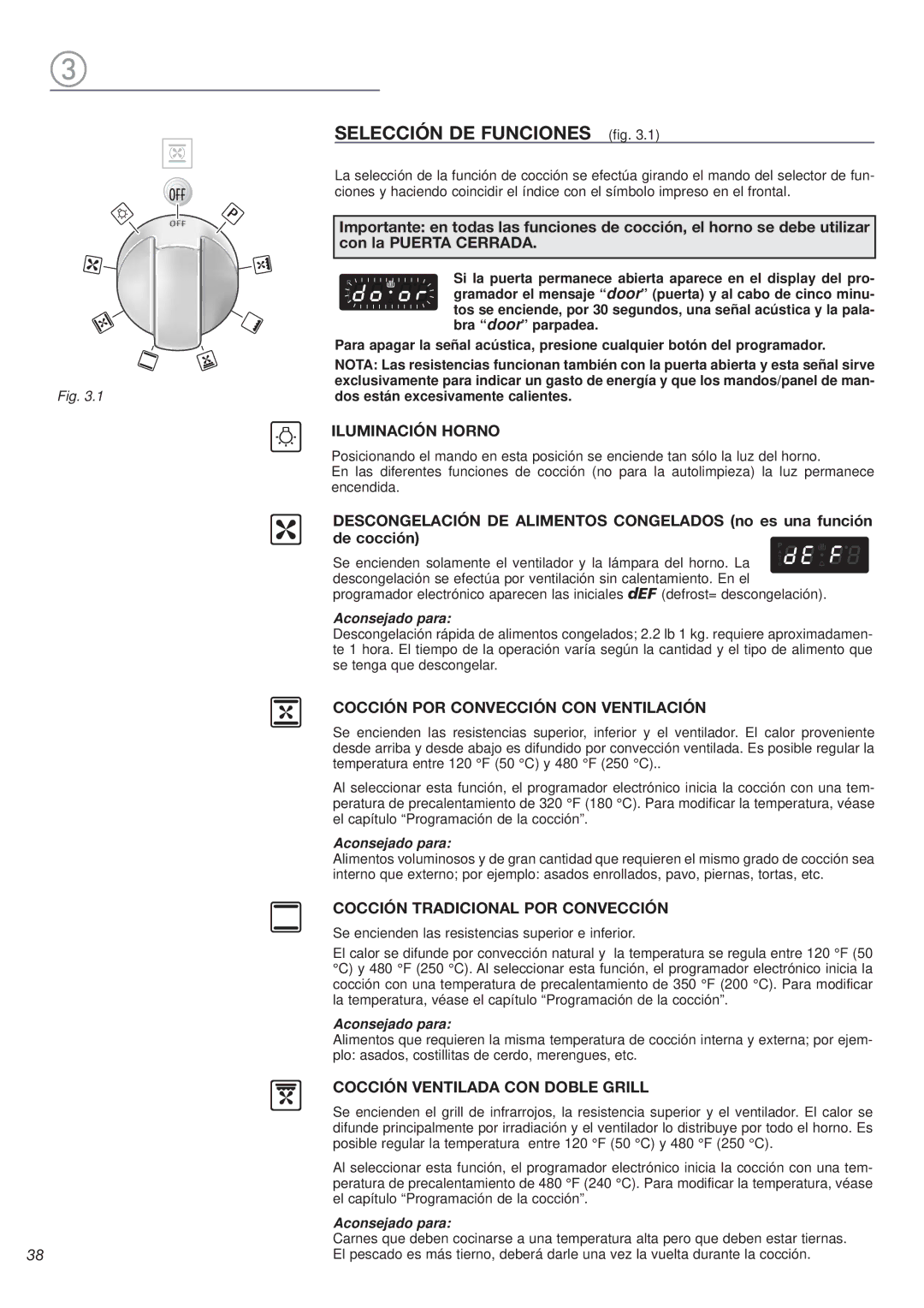 Avanti DGE 2403 SC warranty Selección DE Funciones fig, Iluminación Horno, Cocción POR Convección CON Ventilación 