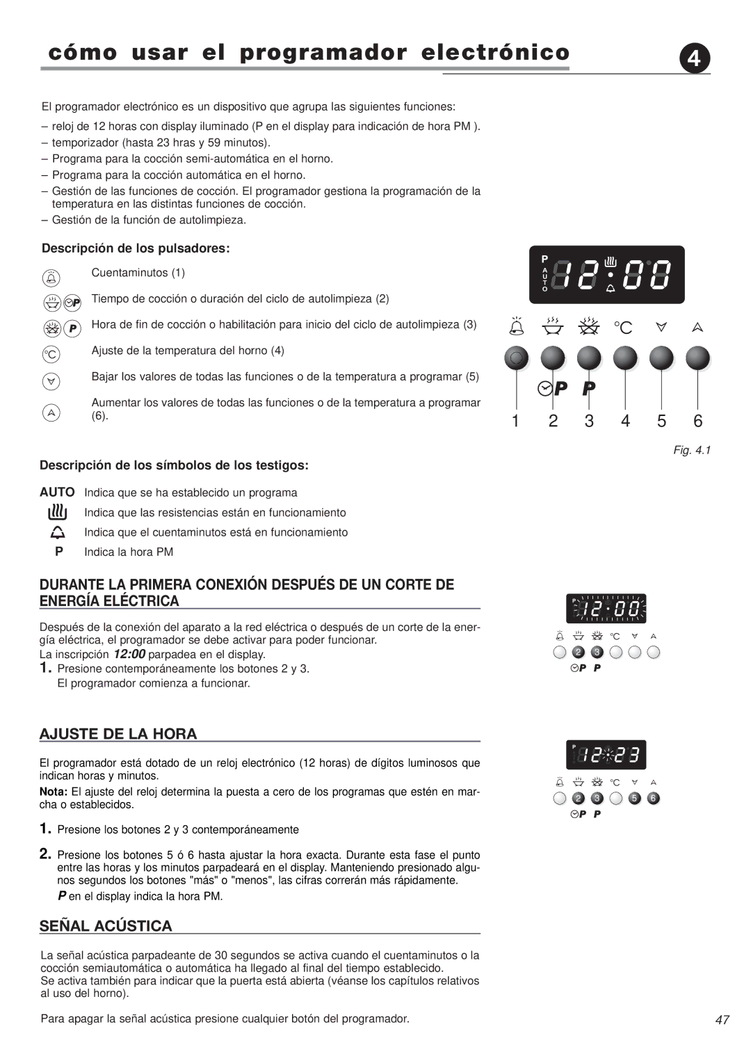 Avanti DGE 2403 SC Cómo usar el programador electrónico, Ajuste DE LA Hora, Señal Acústica, Descripción de los pulsadores 