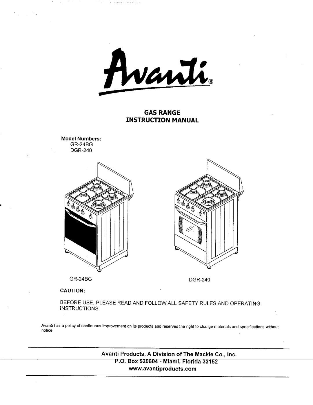 Avanti GR-24BG, DGR-240 manual 