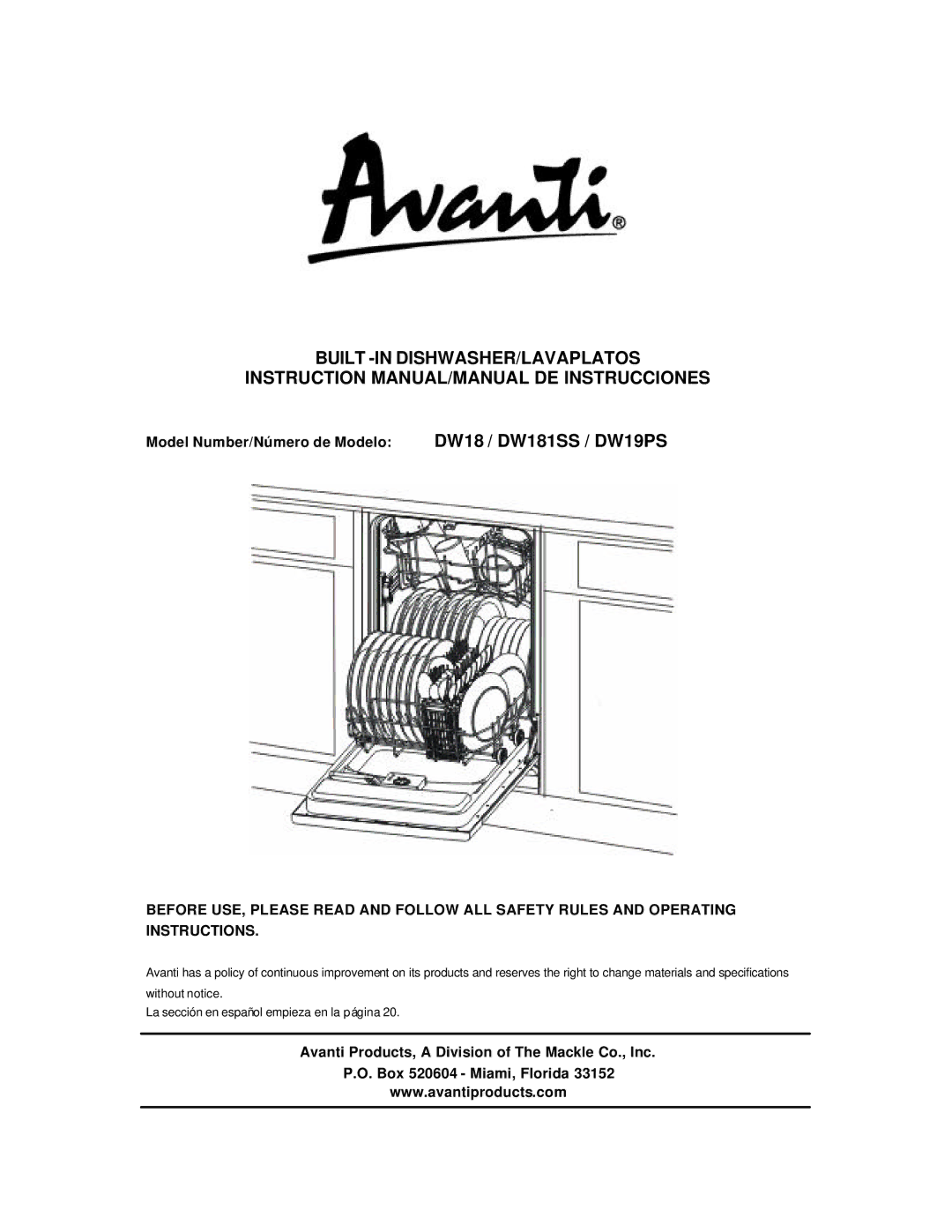 Avanti DW18 instruction manual Built -IN DISHWASHER/LAVAPLATOS, Model Number/Número de Modelo 