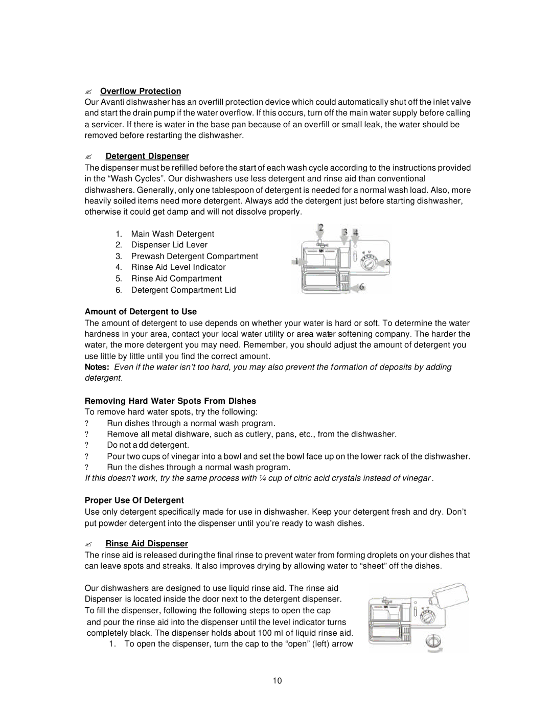 Avanti DW18 ? Overflow Protection, ? Detergent Dispenser, Amount of Detergent to Use, Proper Use Of Detergent 