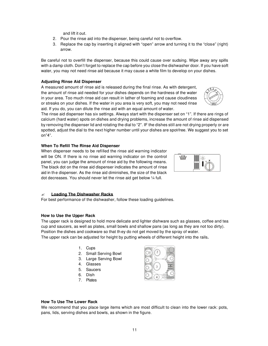 Avanti DW18 Adjusting Rinse Aid Dispenser, When To Refill The Rinse Aid Dispenser, ? Loading The Dishwasher Racks 