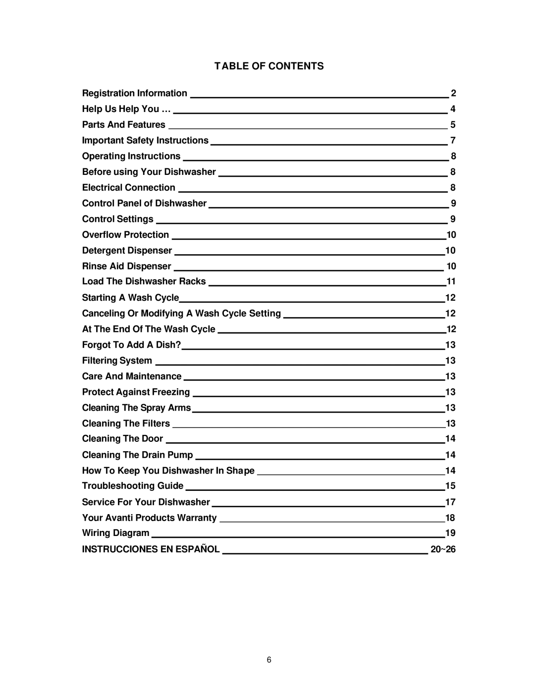 Avanti DW18 instruction manual Table of Contents 