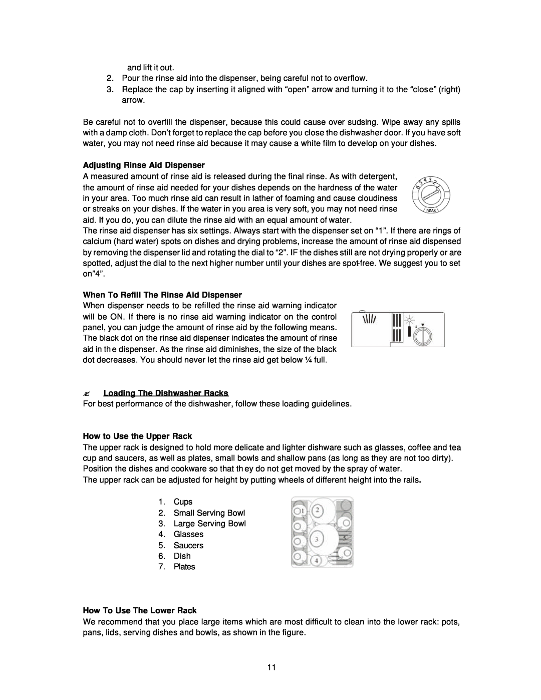 Avanti DW18 Adjusting Rinse Aid Dispenser, When To Refill The Rinse Aid Dispenser, ? Loading The Dishwasher Racks 