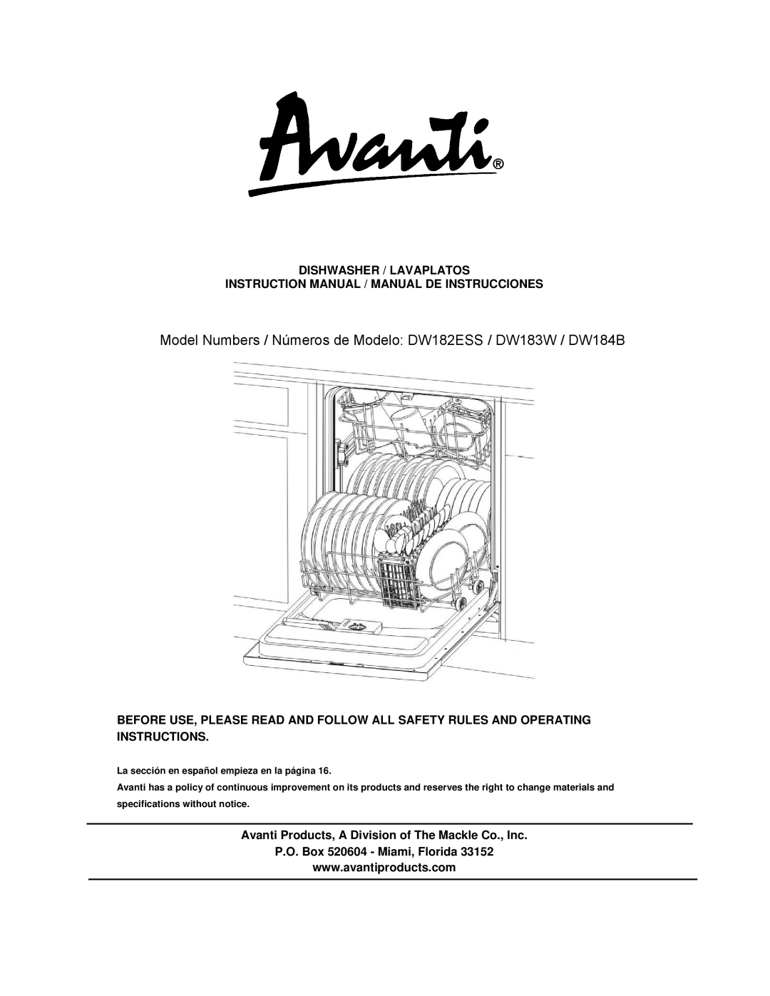 Avanti DW183W, DW184B, DW182ESS instruction manual Dishwasher / Lavaplatos 