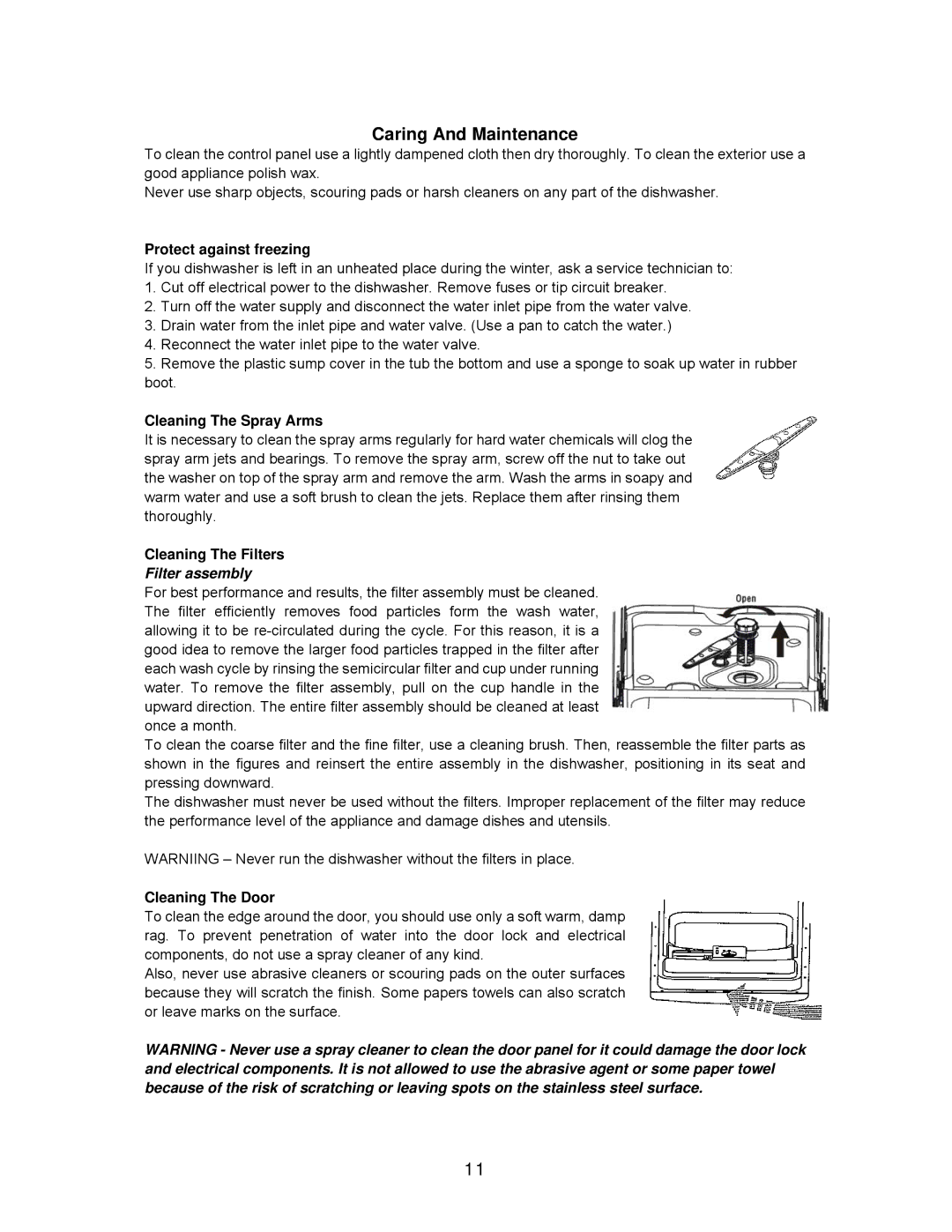 Avanti DW182ESS, DW184B, DW183W Protect against freezing, Cleaning The Spray Arms, Cleaning The Filters, Cleaning The Door 