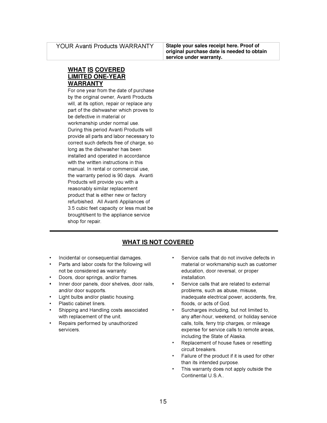 Avanti DW184B, DW183W, DW182ESS instruction manual What is Covered Limited ONE-YEAR Warranty 