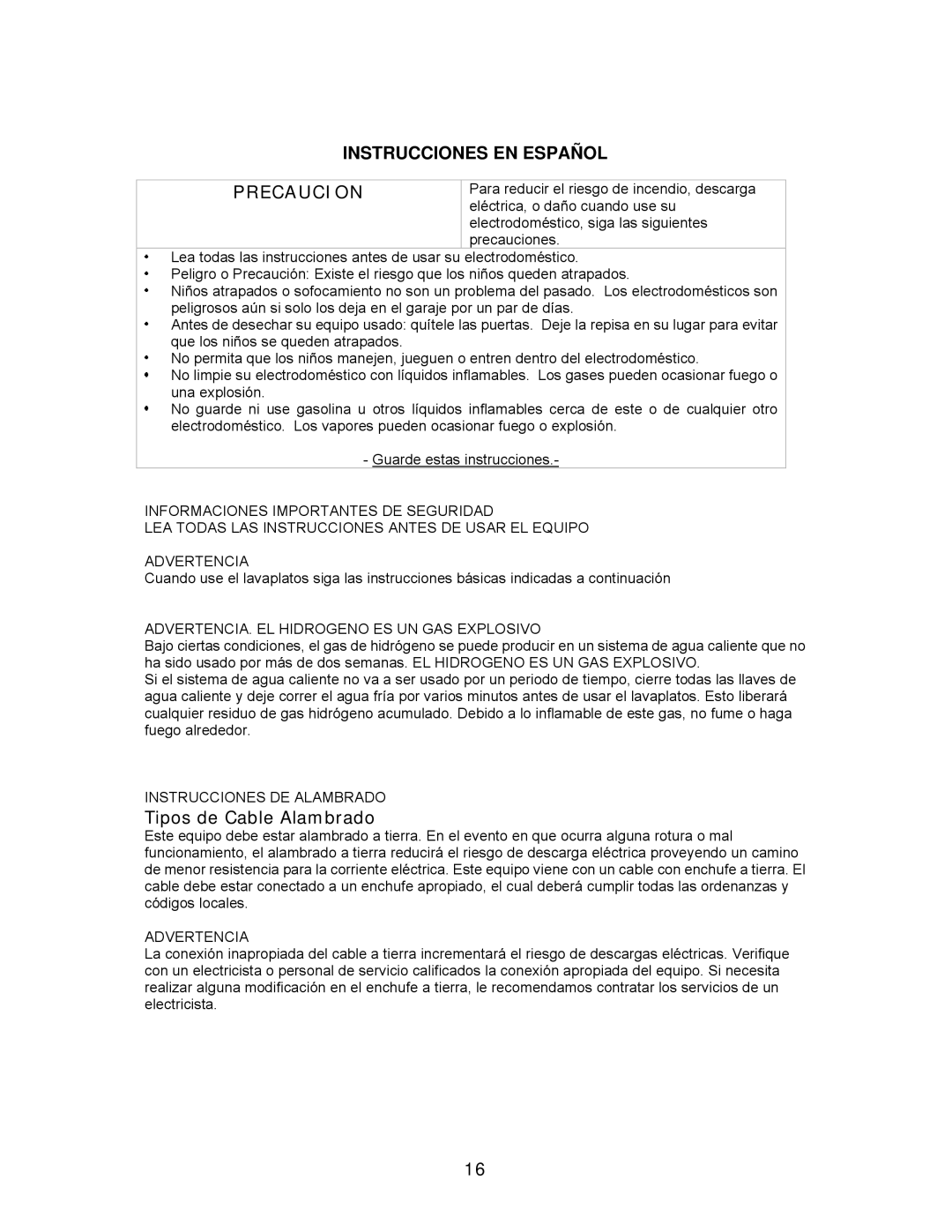 Avanti DW183W, DW184B, DW182ESS instruction manual Precaucion 