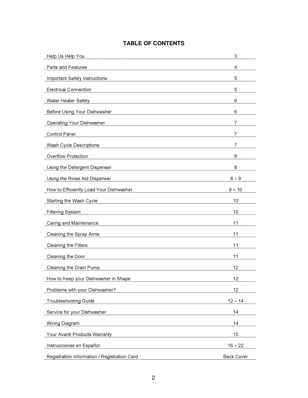 Avanti DW182ESS, DW184B, DW183W instruction manual Table of Contents 