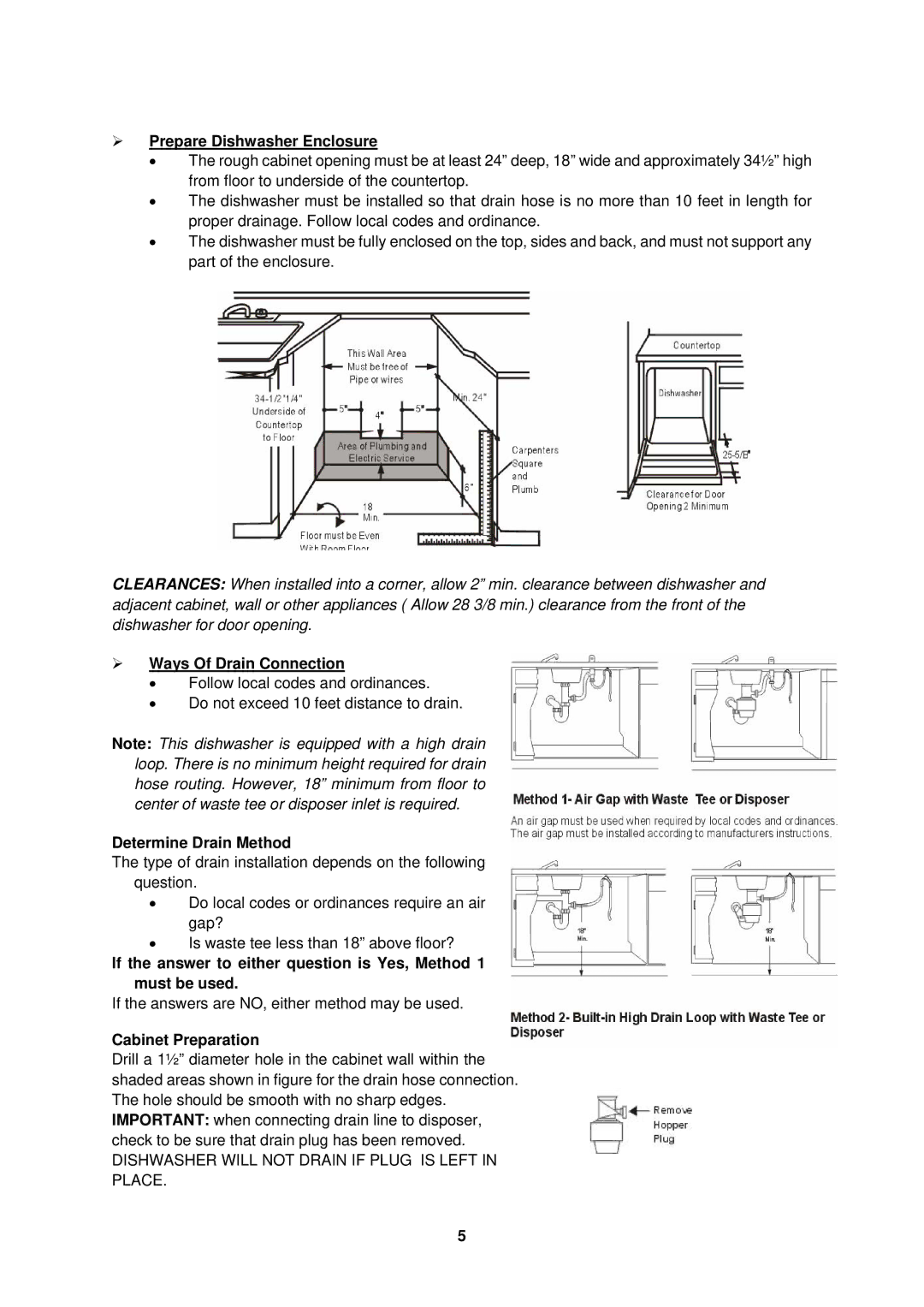 Avanti DW182ESS ¾ Prepare Dishwasher Enclosure, ¾ Ways Of Drain Connection, Determine Drain Method, Cabinet Preparation 