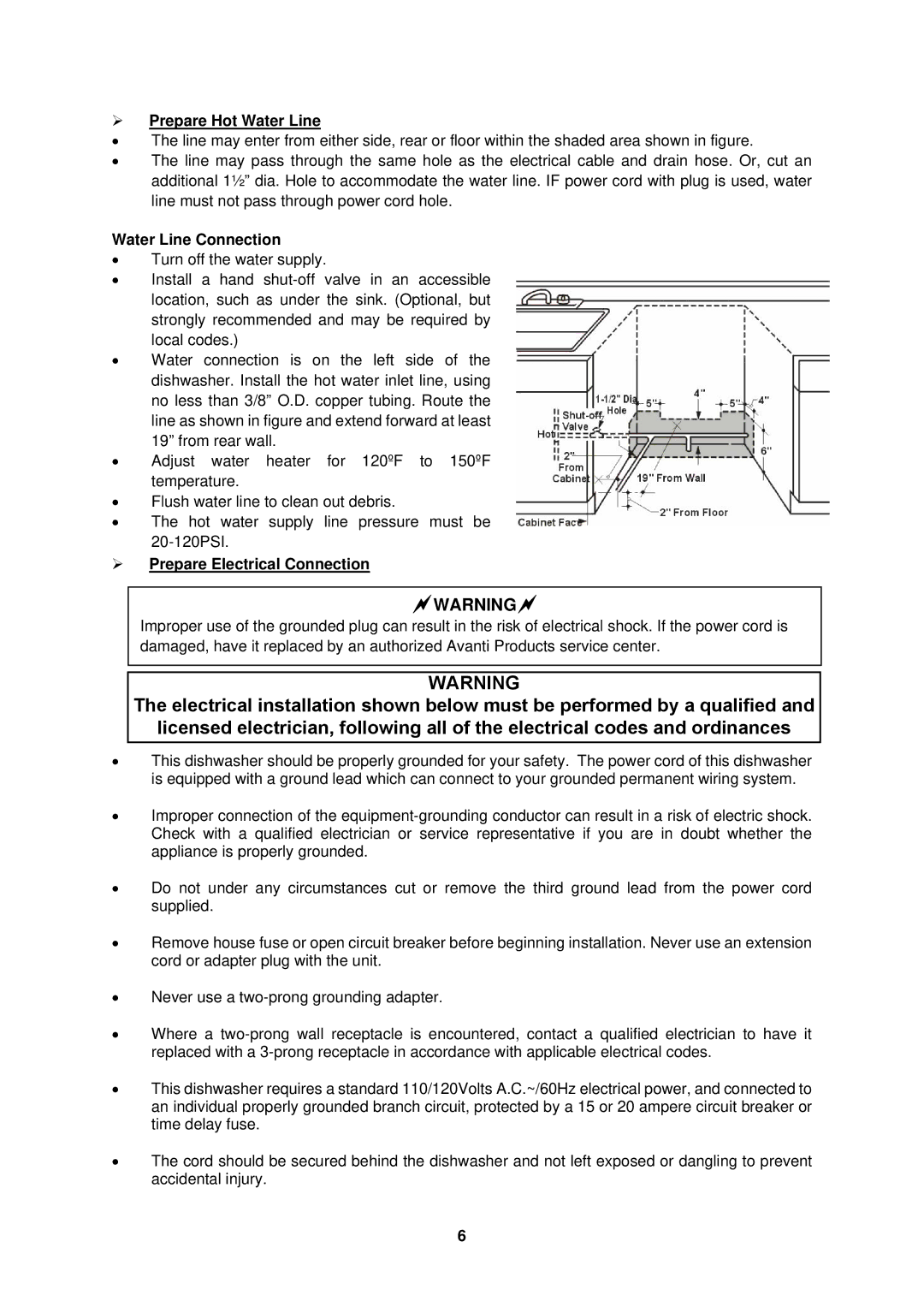 Avanti DW184B, DW183W, DW182ESS ¾ Prepare Hot Water Line, Water Line Connection, ¾ Prepare Electrical Connection 