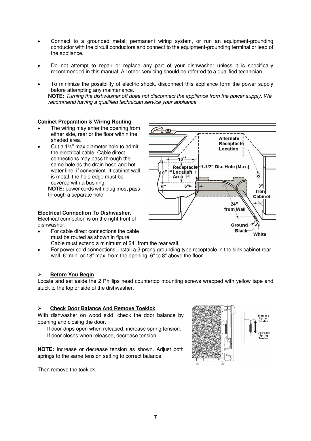 Avanti DW183W, DW184B Cabinet Preparation & Wiring Routing, ¾ Before You Begin, ¾ Check Door Balance And Remove Toekick 