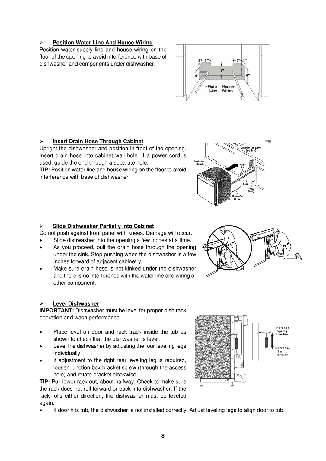 Avanti DW182ESS, DW184B, DW183W instruction manual ¾ Slide Dishwasher Partially Into Cabinet, ¾ Level Dishwasher 