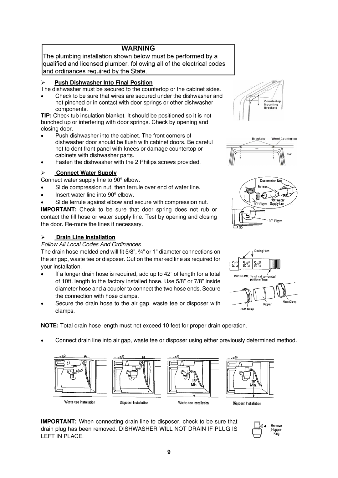 Avanti DW184B, DW183W, DW182ESS instruction manual ¾ Push Dishwasher Into Final Position, ¾ Drain Line Installation 