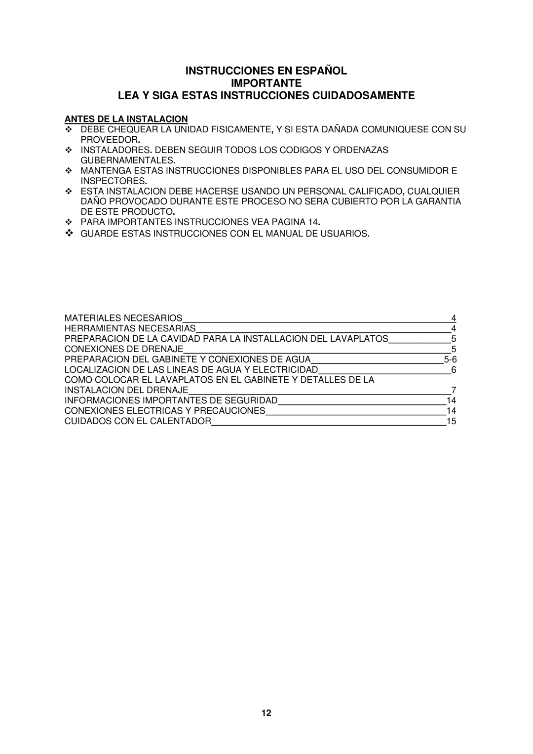 Avanti DW184B, DW183W, DW182ESS instruction manual Antes DE LA Instalacion 