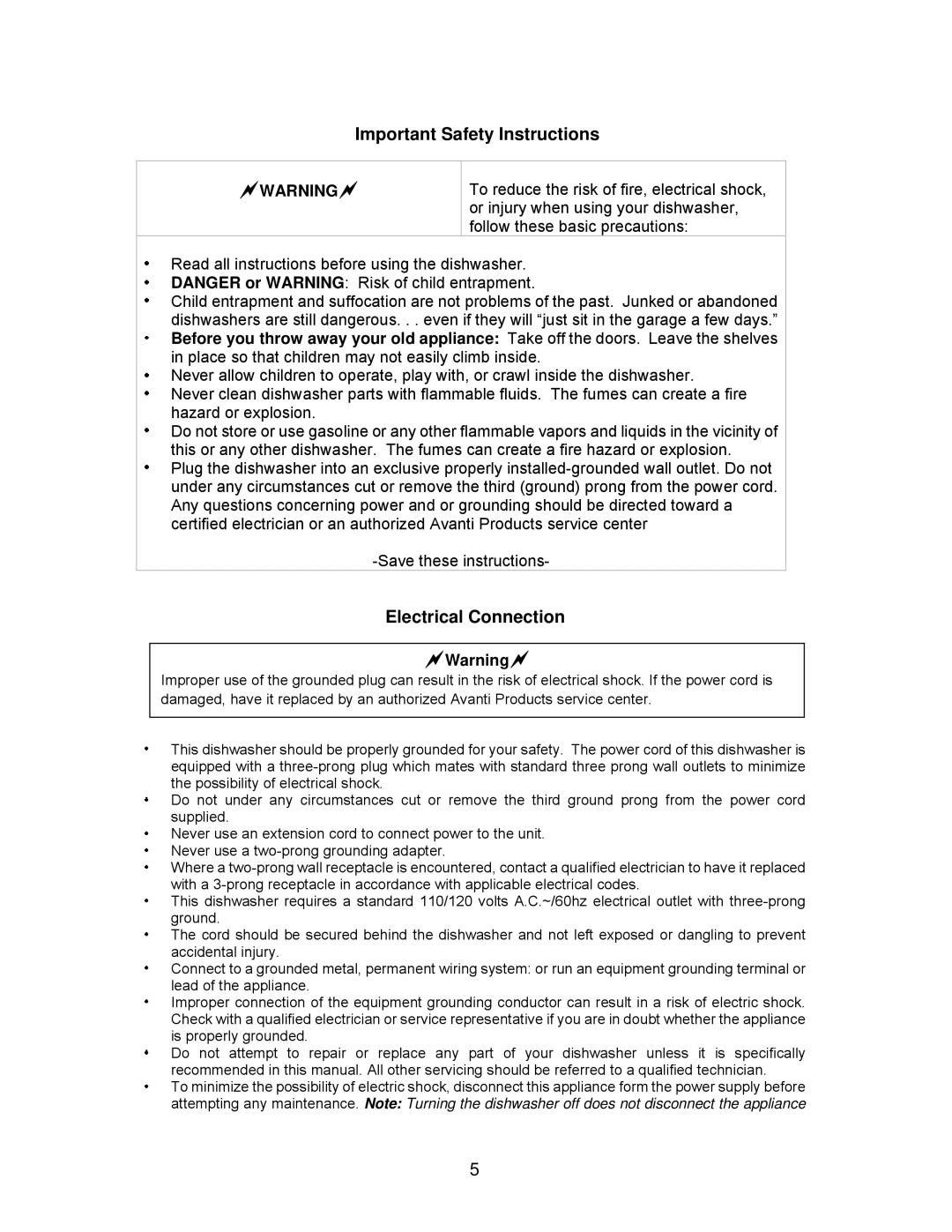 Avanti DW182ESS, DW184B, DW183W instruction manual Important Safety Instructions 