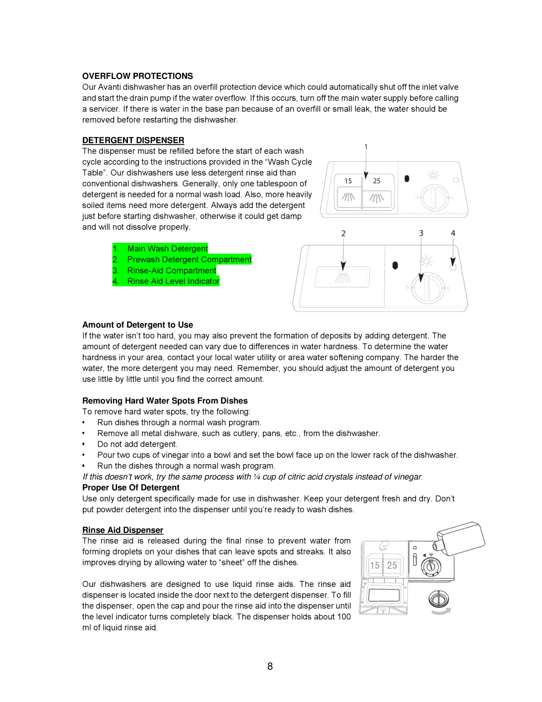 Avanti DW182ESS, DW184B Overflow Protections, Detergent Dispenser, Amount of Detergent to Use, Proper Use Of Detergent 