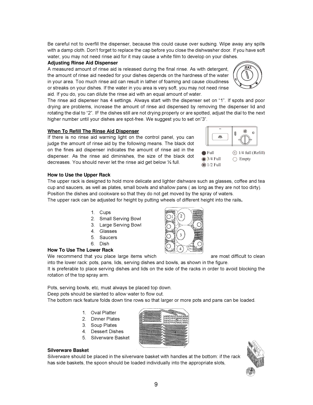 Avanti DW184B, DW183W Adjusting Rinse Aid Dispenser, When To Refill The Rinse Aid Dispenser, How to Use the Upper Rack 