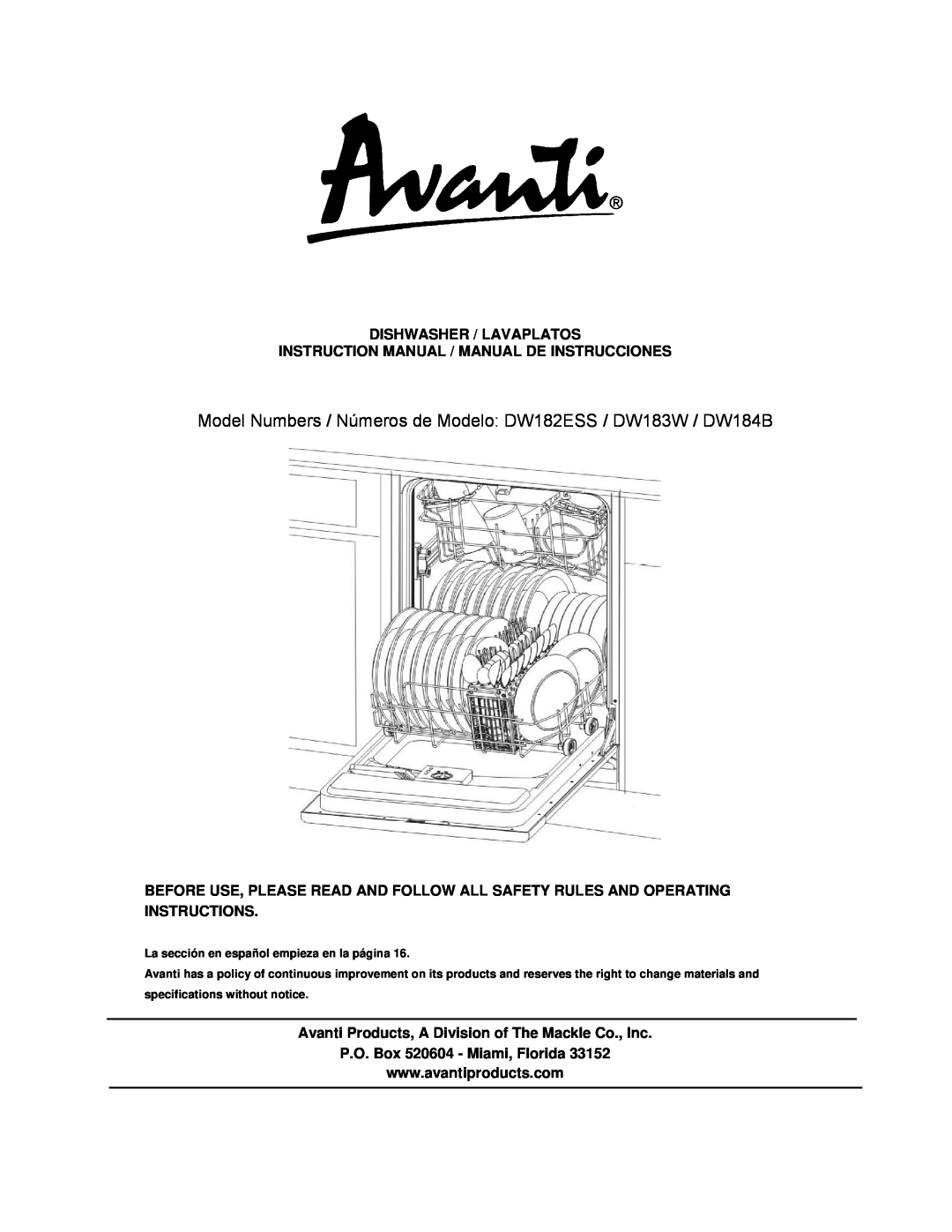 Avanti DW183W, DW184B, DW182ESS instruction manual Dishwasher / Lavaplatos, P.O. Box 520604 - Miami, Florida 