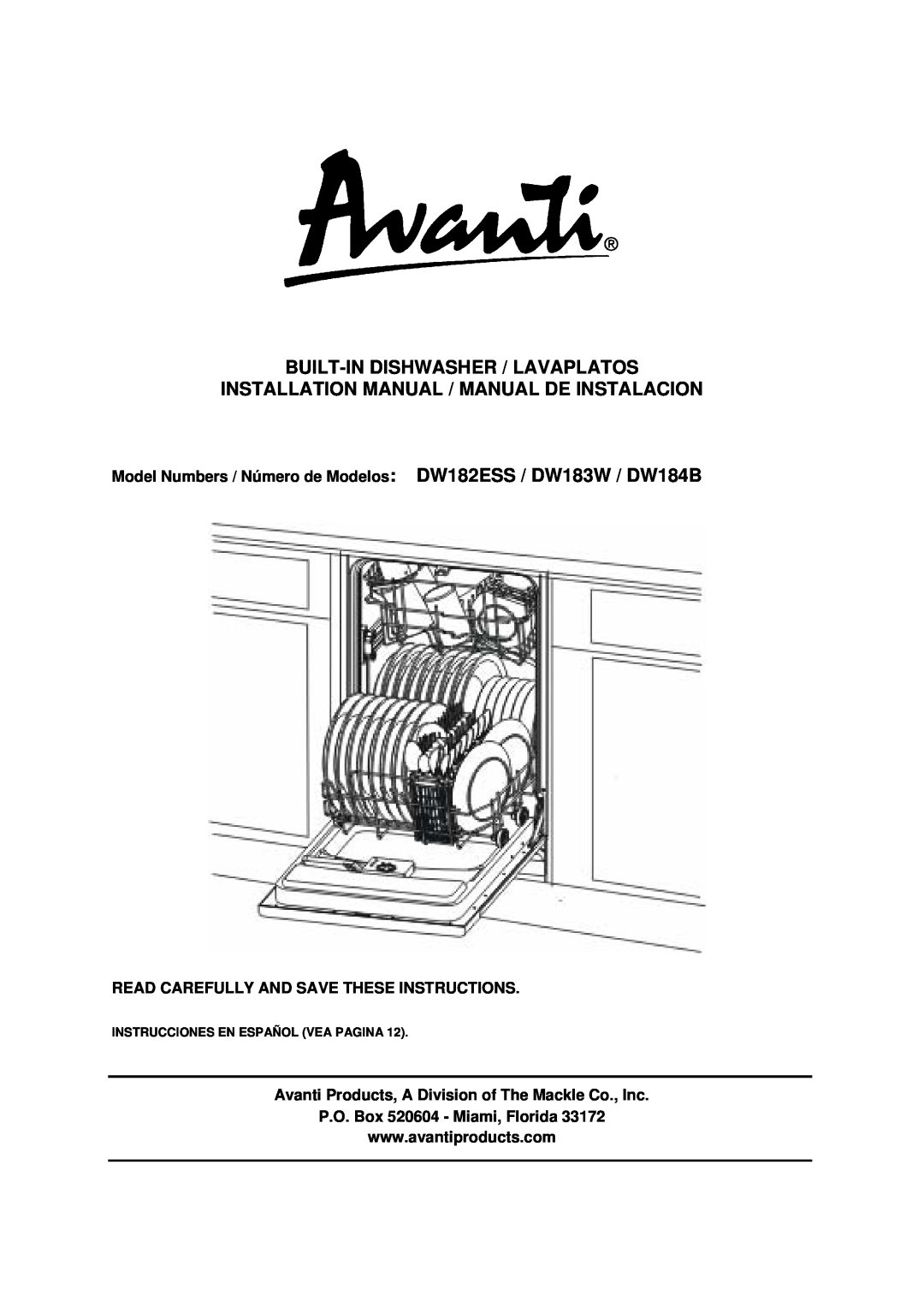Avanti DW183W, DW184B, DW182ESS Built-Indishwasher / Lavaplatos, Installation Manual / Manual De Instalacion 