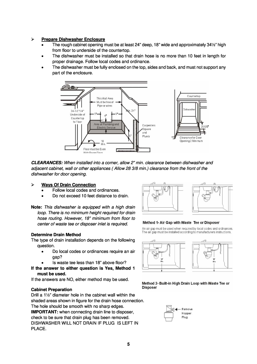 Avanti DW182ESS ¾Prepare Dishwasher Enclosure, ¾Ways Of Drain Connection, Determine Drain Method, Cabinet Preparation 