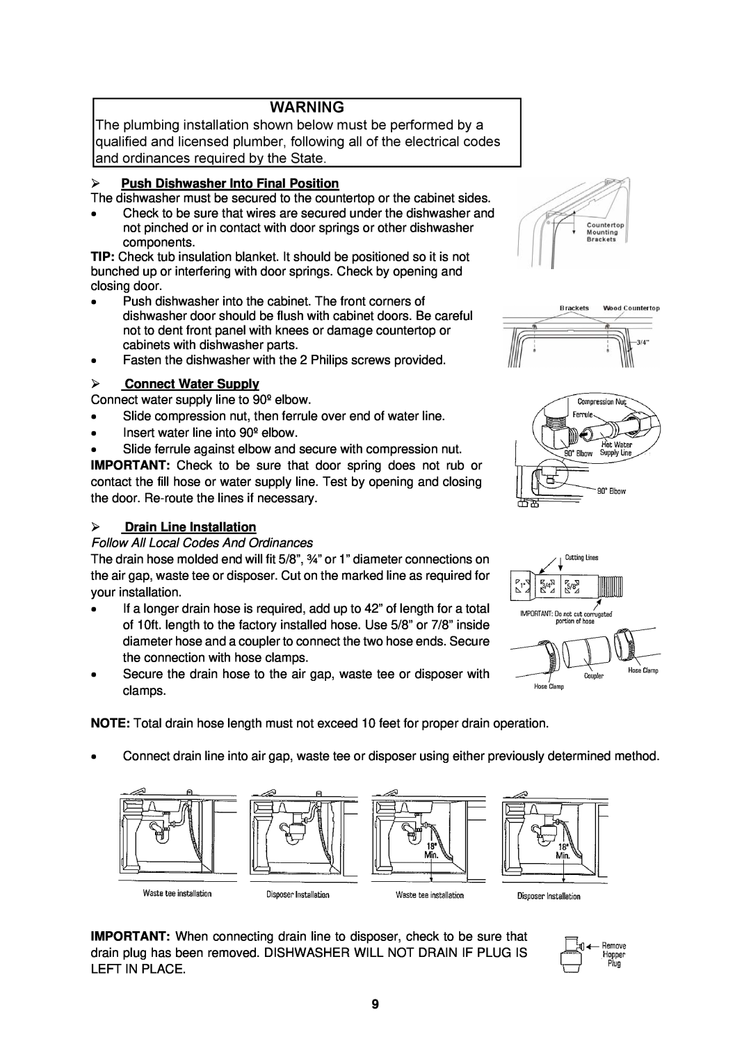 Avanti DW184B, DW183W, DW182ESS instruction manual ¾Push Dishwasher Into Final Position, ¾Drain Line Installation 
