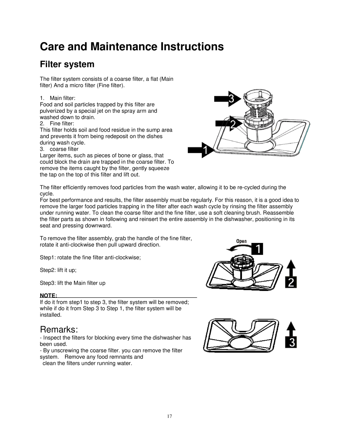 Avanti DW6W, DW6PS instruction manual Care and Maintenance Instructions, Filter system 