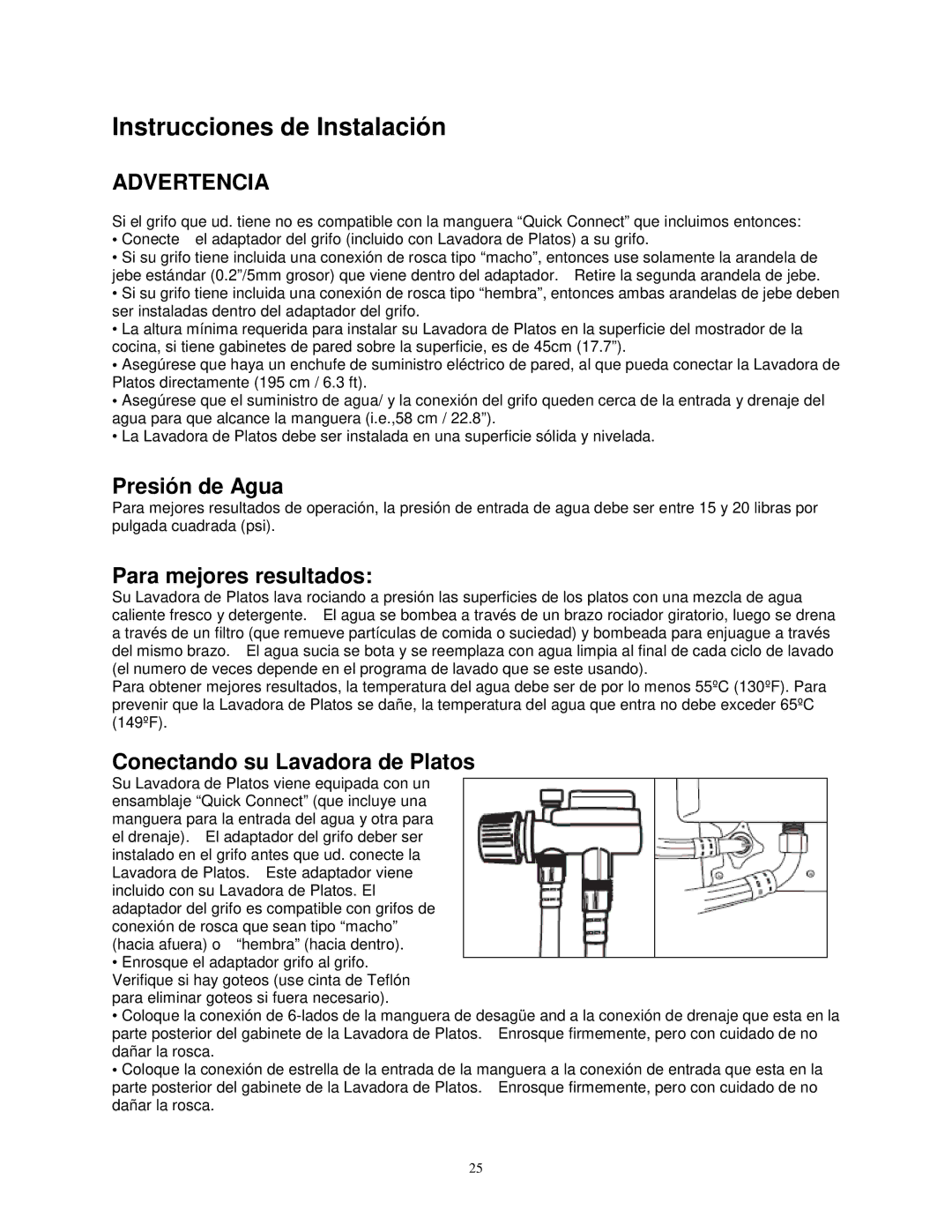 Avanti DW6W Instrucciones de Instalación, Presión de Agua, Para mejores resultados, Conectando su Lavadora de Platos 