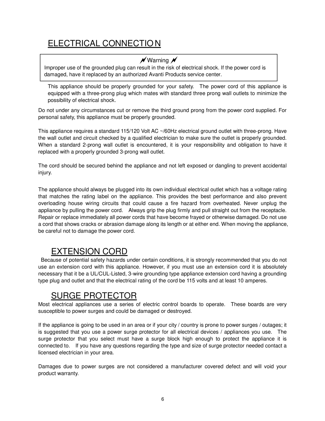 Avanti DW6PS, DW6W instruction manual Electrical Connection 