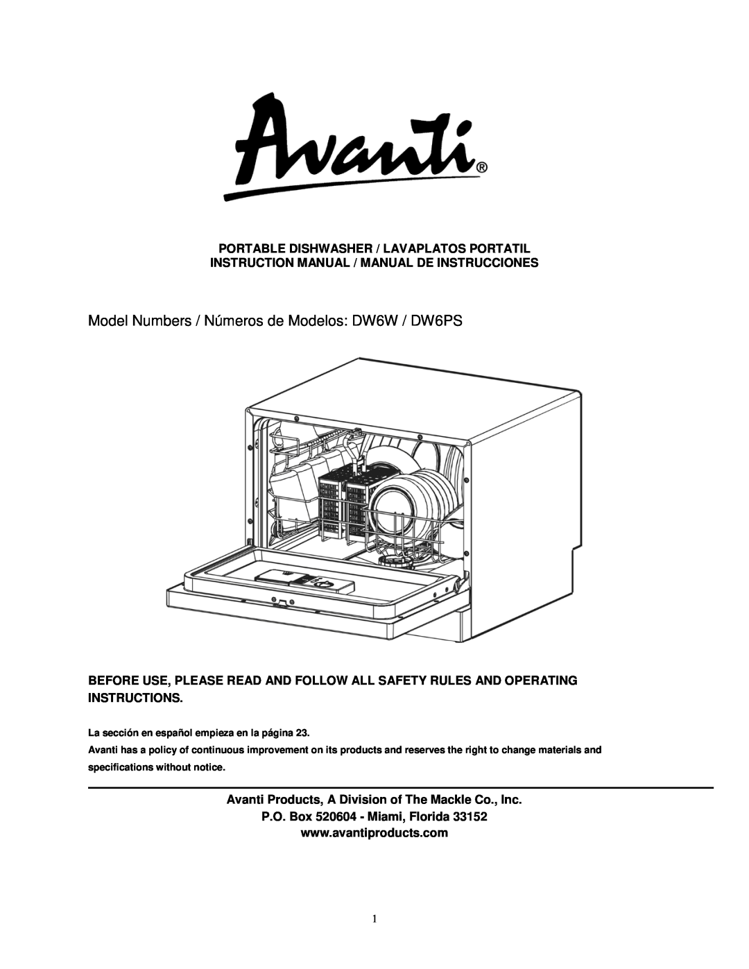 Avanti instruction manual Model Numbers / Números de Modelos DW6W / DW6PS, Portable Dishwasher / Lavaplatos Portatil 