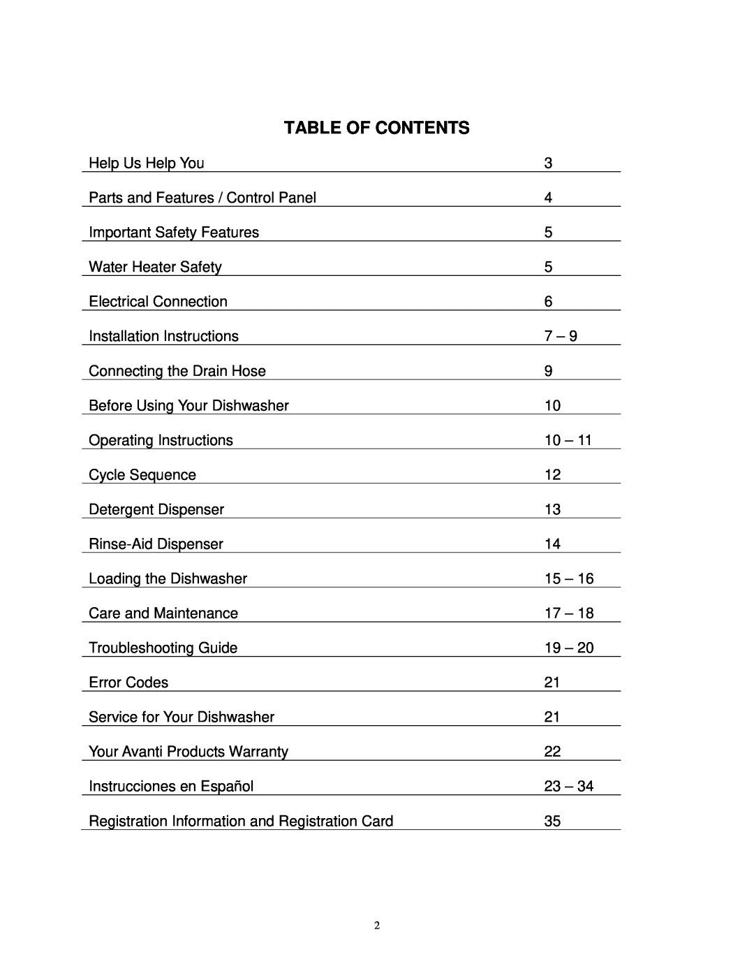 Avanti DW6PS, DW6W instruction manual Table Of Contents 