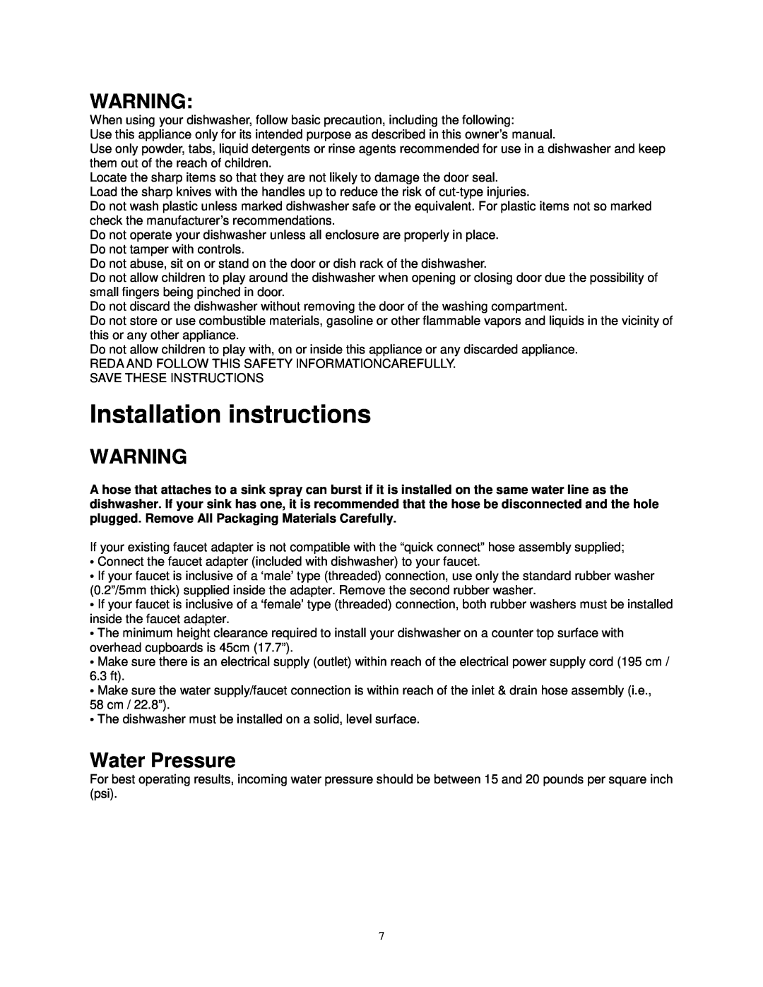 Avanti DW6W, DW6PS instruction manual Installation instructions, Water Pressure 