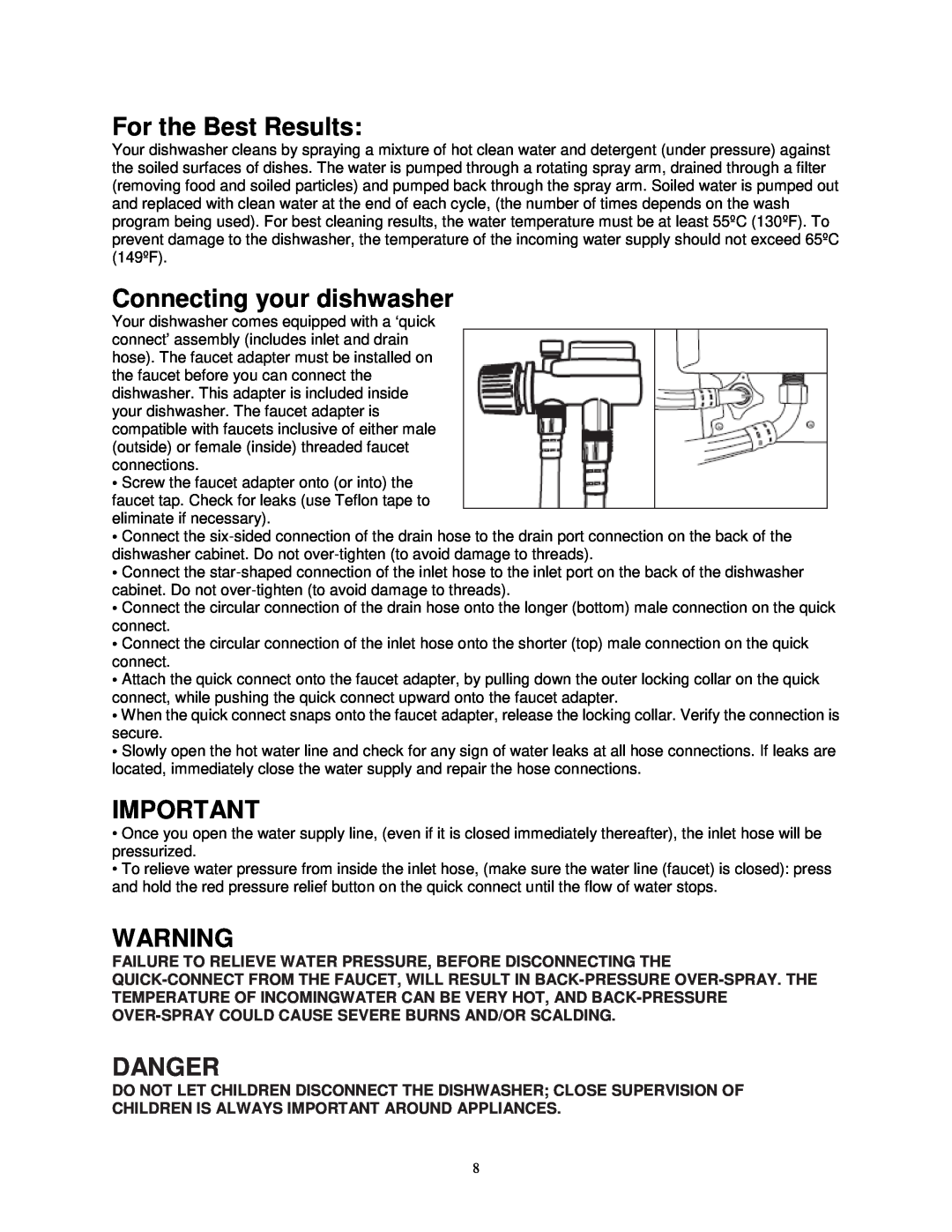 Avanti DW6PS, DW6W instruction manual For the Best Results, Connecting your dishwasher, Danger 