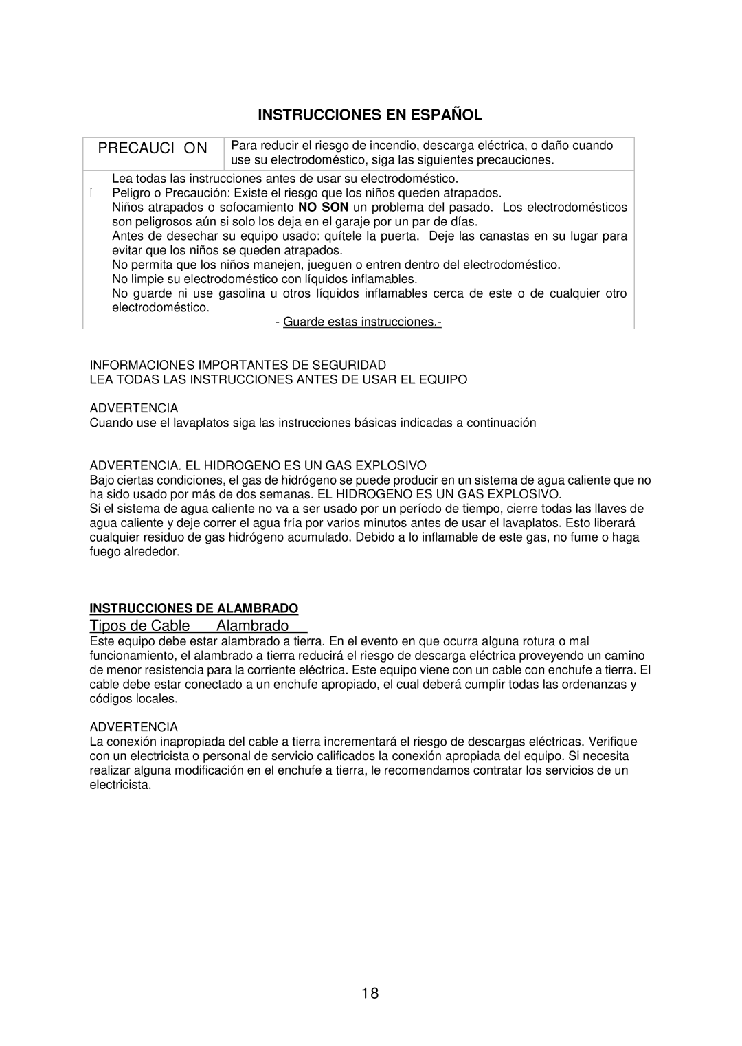 Avanti DWE1801B, DWE1800W, DWE1802SS ADVERTENCIA. EL Hidrogeno ES UN GAS Explosivo, Instrucciones DE Alambrado 