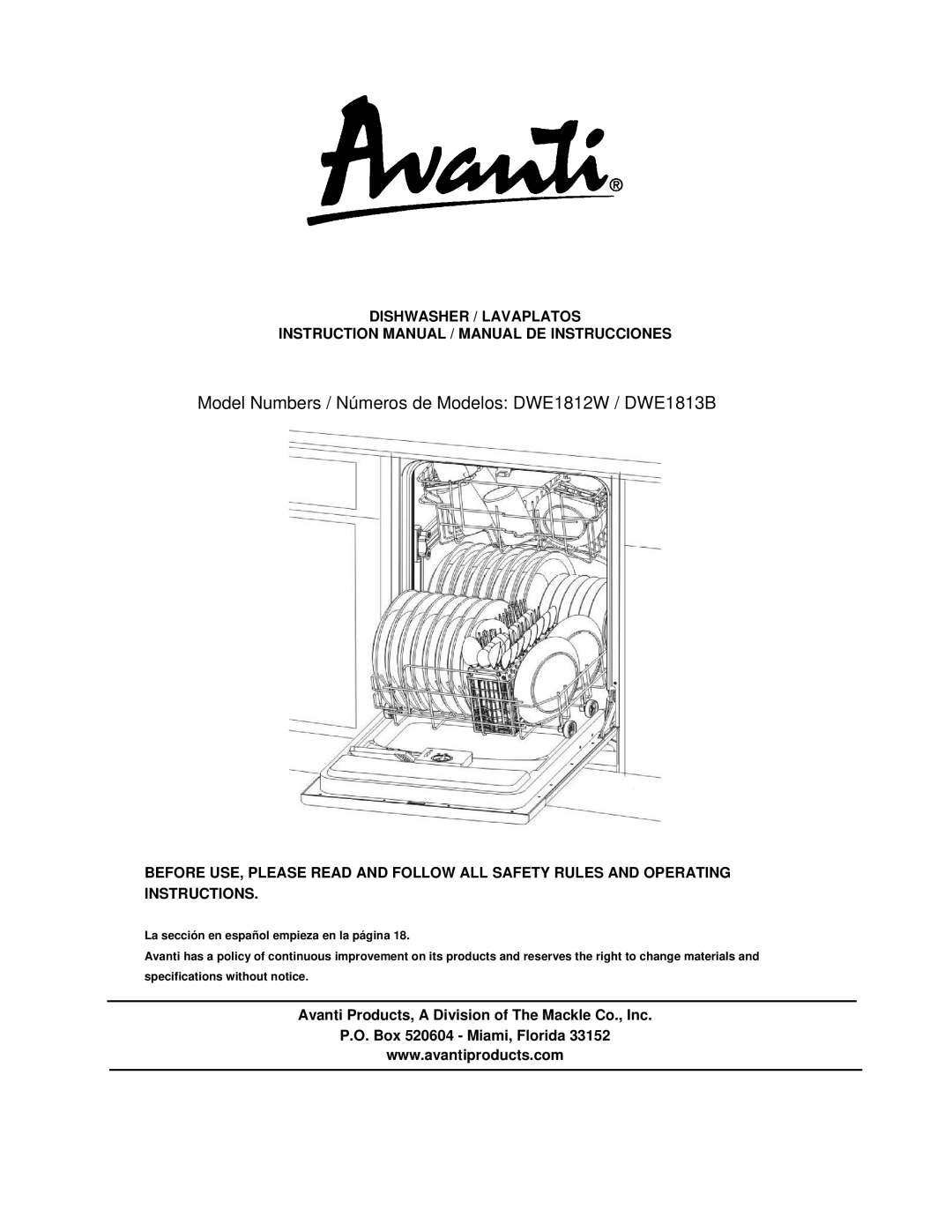 Avanti instruction manual Model Numbers / Números de Modelos DWE1812W / DWE1813B, Dishwasher / Lavaplatos 