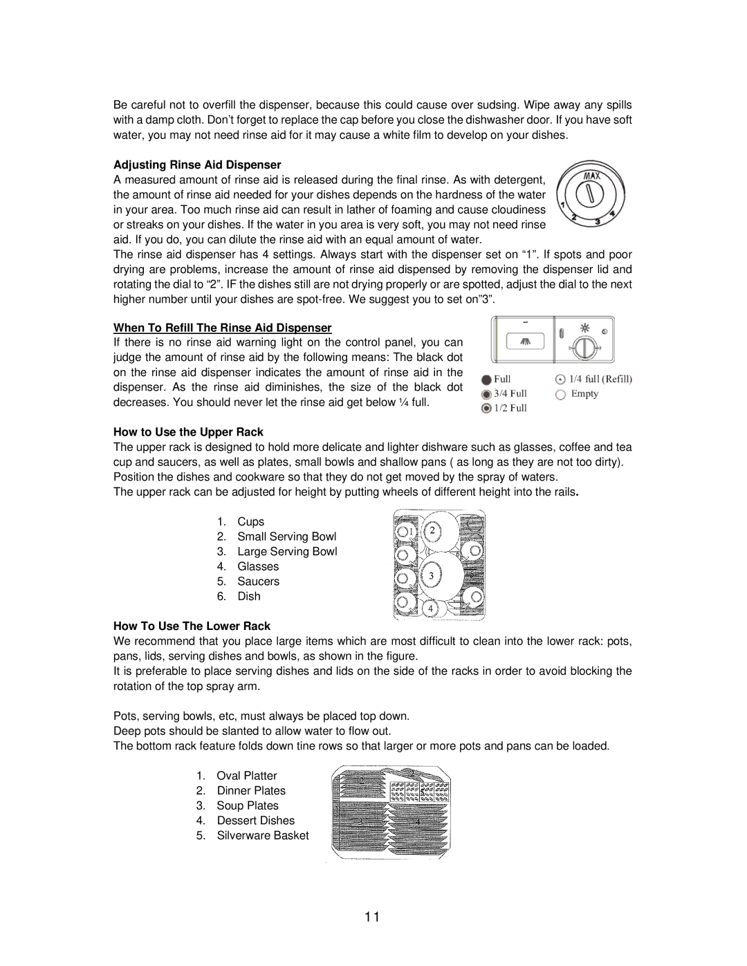 Avanti DWE1812W, DWE1813B Adjusting Rinse Aid Dispenser, When To Refill The Rinse Aid Dispenser, How to Use the Upper Rack 