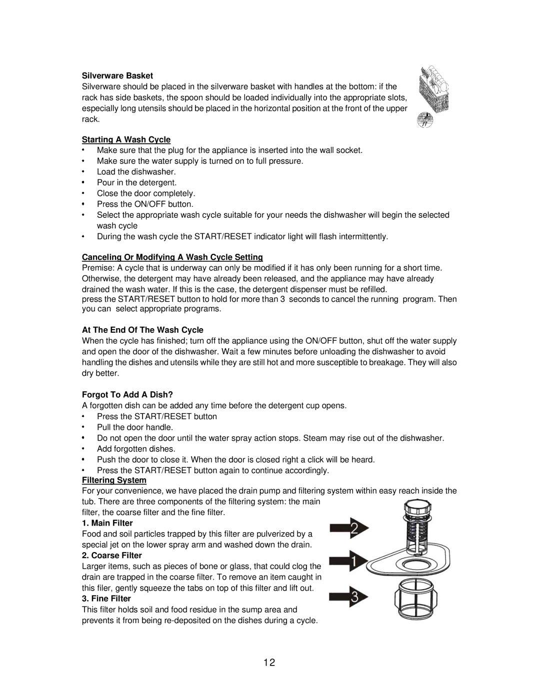 Avanti DWE1813B Silverware Basket, Starting a Wash Cycle, Canceling Or Modifying a Wash Cycle Setting, Filtering System 