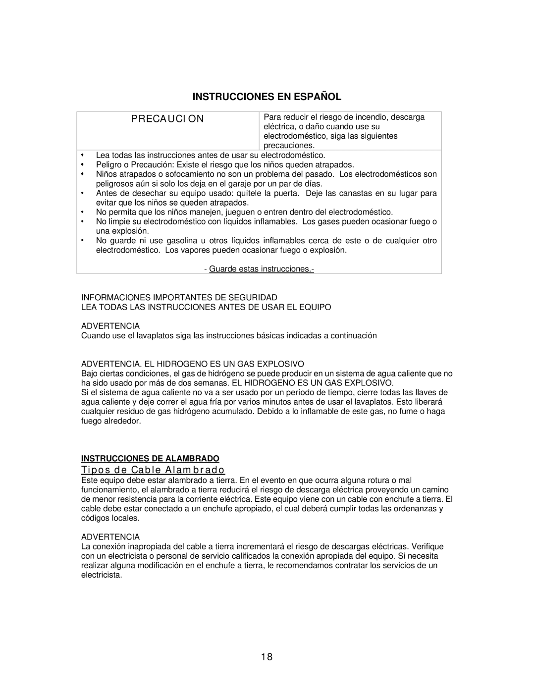 Avanti DWE1813B, DWE1812W instruction manual ADVERTENCIA. EL Hidrogeno ES UN GAS Explosivo, Instrucciones DE Alambrado 