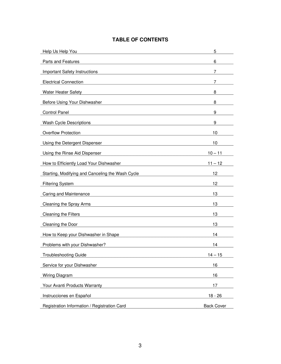 Avanti DWE1812W, DWE1813B instruction manual Table of Contents 