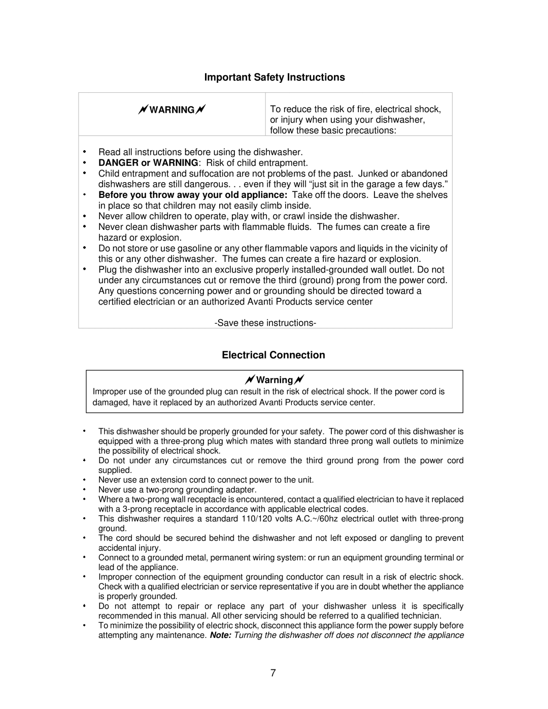 Avanti DWE1812W, DWE1813B instruction manual Important Safety Instructions 