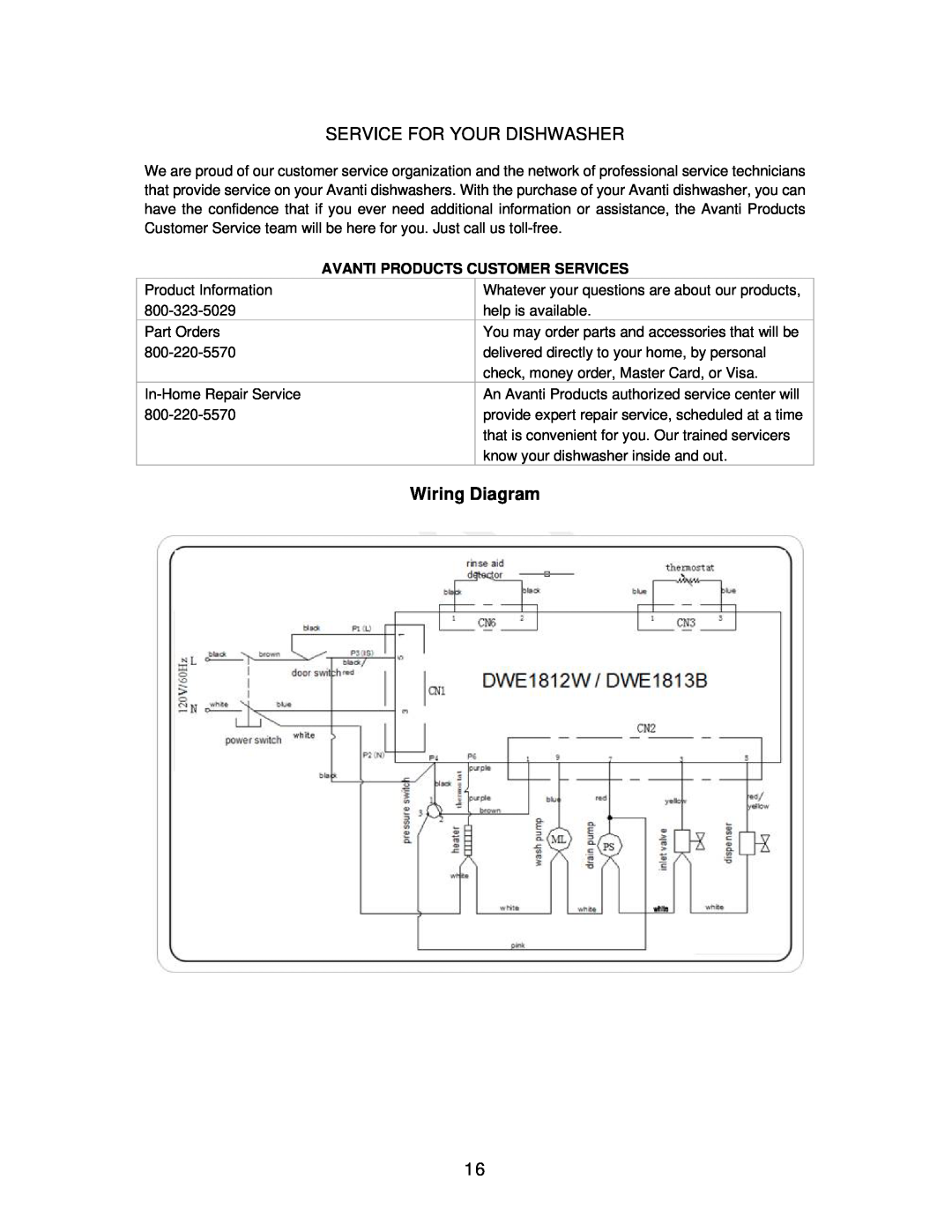 Avanti DWE1813B, DWE1812W instruction manual Service For Your Dishwasher, Wiring Diagram 