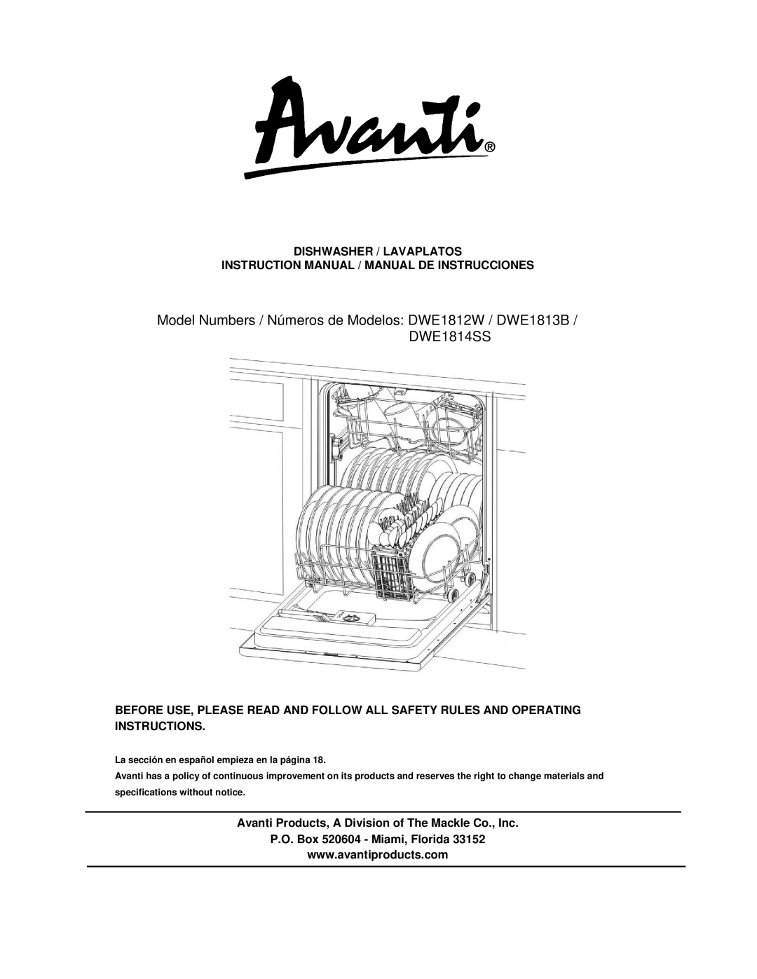 Avanti DWE1814SS instruction manual Dishwasher / Lavaplatos 