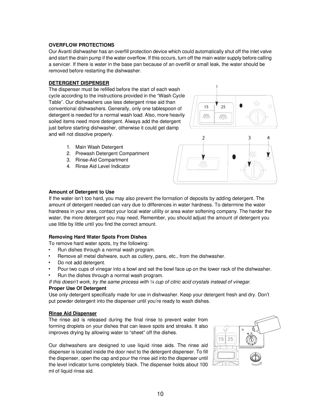 Avanti DWE1814SS Overflow Protections, Detergent Dispenser, Amount of Detergent to Use, Proper Use Of Detergent 