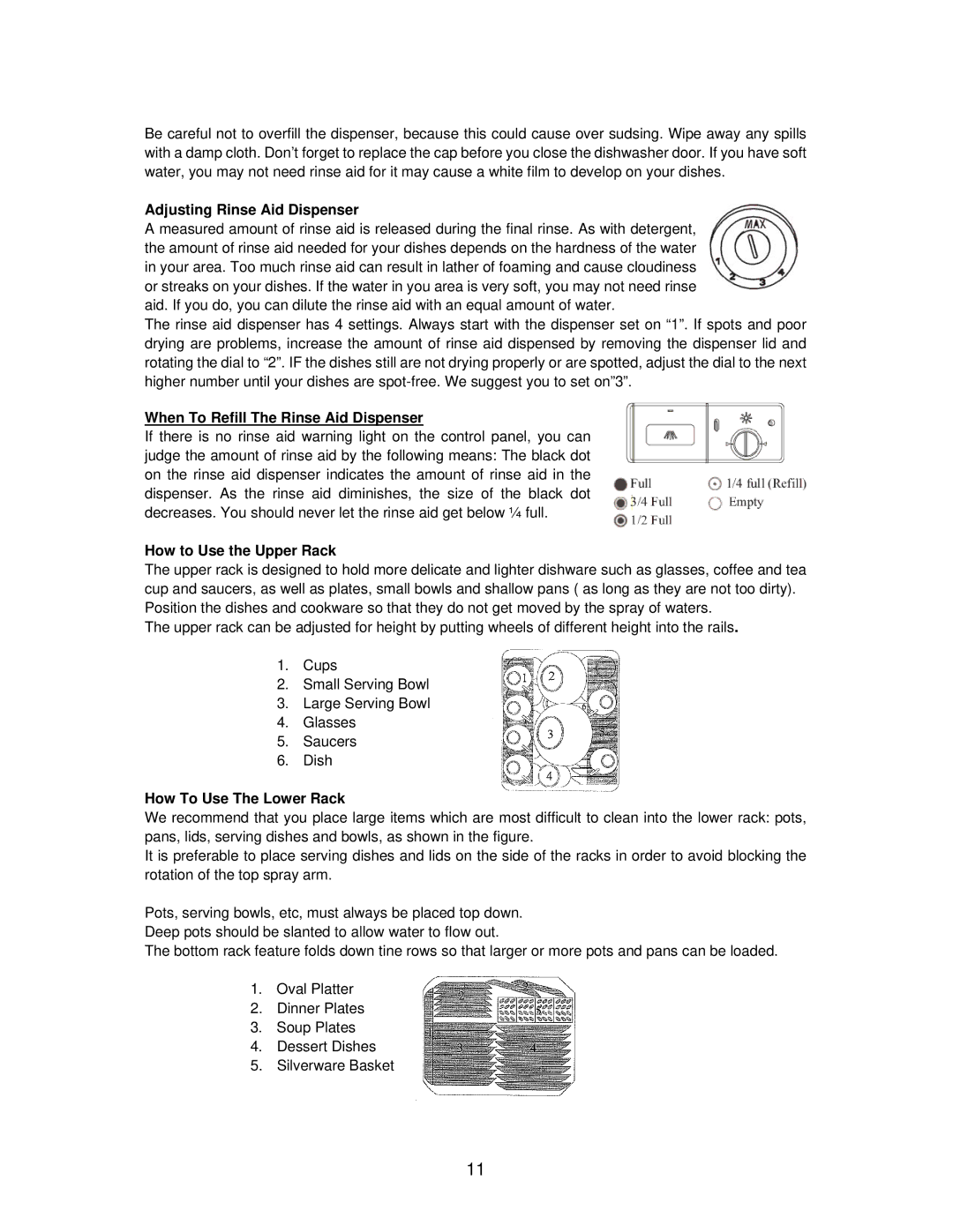 Avanti DWE1814SS Adjusting Rinse Aid Dispenser, When To Refill The Rinse Aid Dispenser, How to Use the Upper Rack 